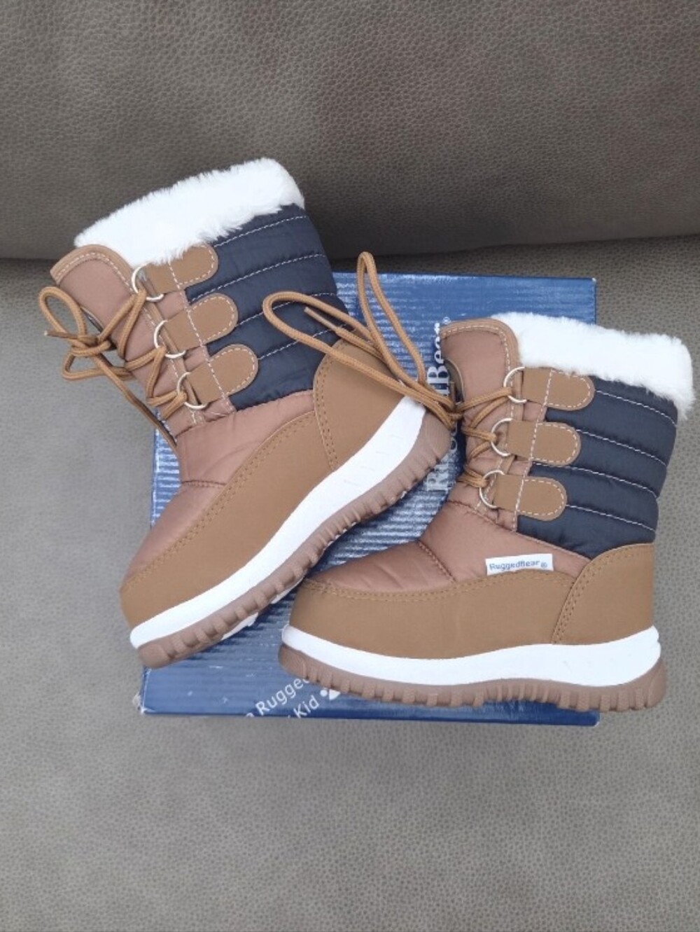 Toddler Boy Insulated Winter Boots - Brown and Gray With Faux-Fur Trim